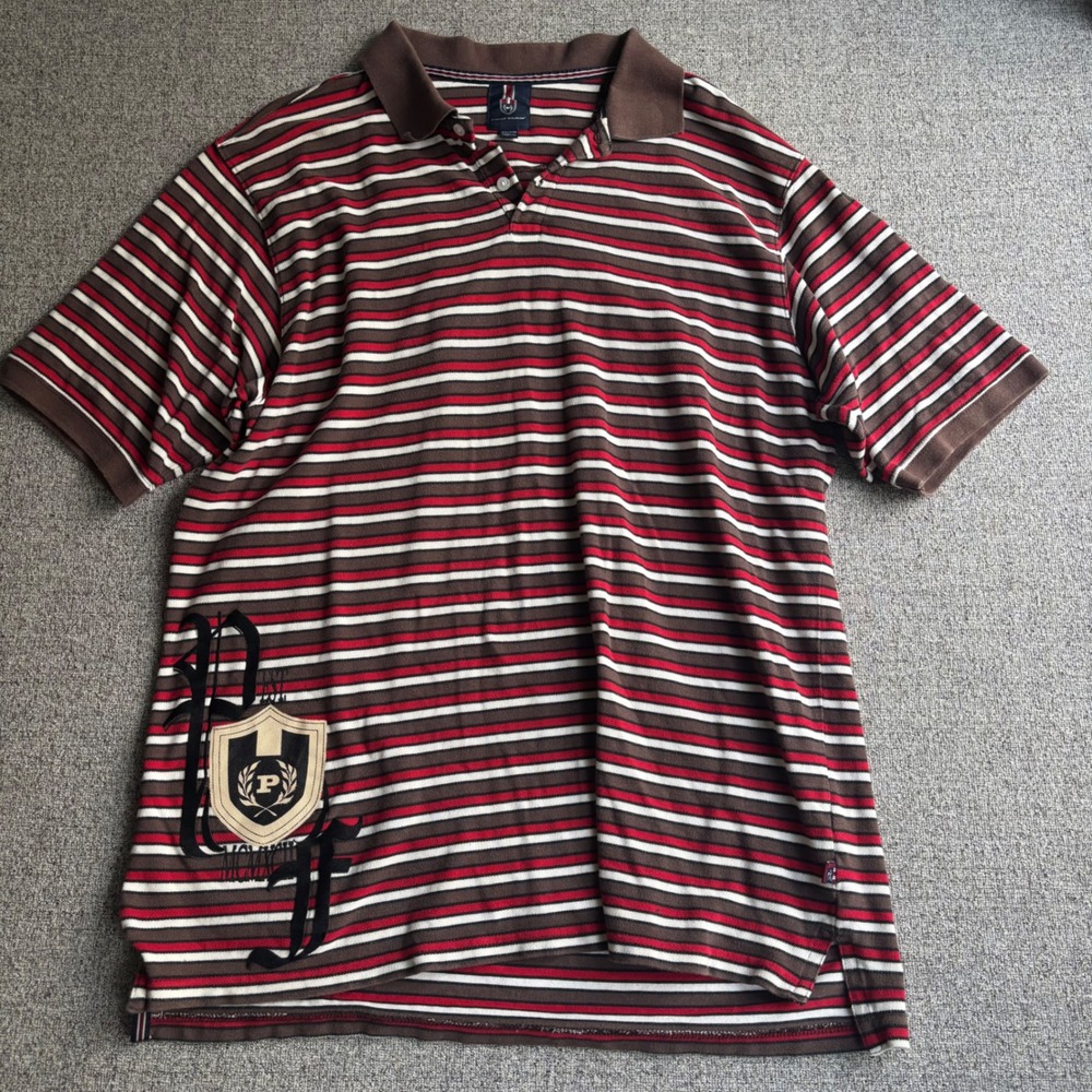 Phat Farm Polo Shirt Mens XXL Striped Brown Red White Embroidered Crest Logo Y2K